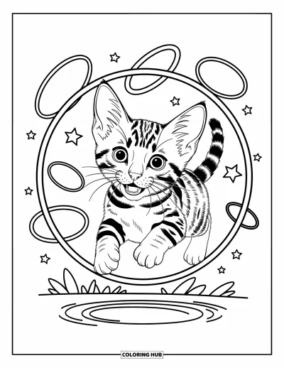 Cat Coloring Page for Adults: A Bengal kitten leaps mid-air through a hoop, surrounded by floating stars and dreamy swirling patterns