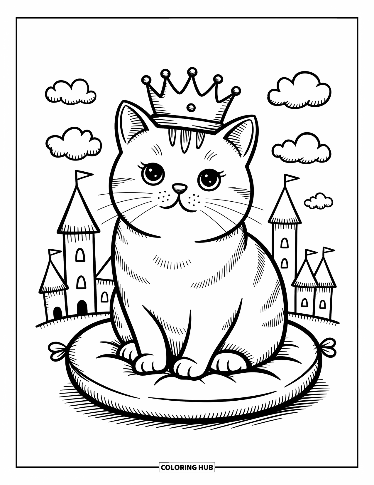 Kleurplaat Kat voor Volwassenen: Een Britse Korthaar kat zit op een koninklijk kussen, met een klein gekanteld kroontje in een dromerige kasteelomgeving