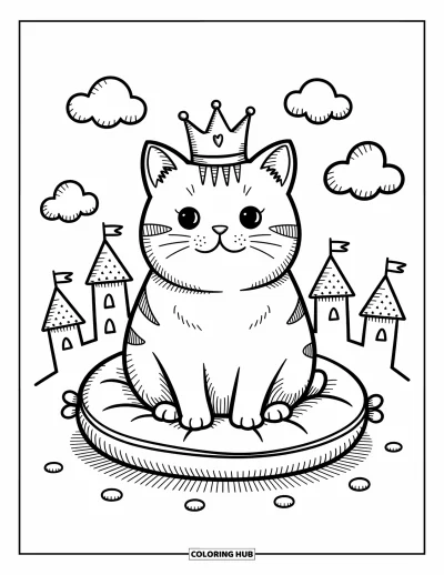 Cat Coloring Page for Adults: A British Shorthair cat sits proudly on a plush cushion, a tiny crown perched atop its round head