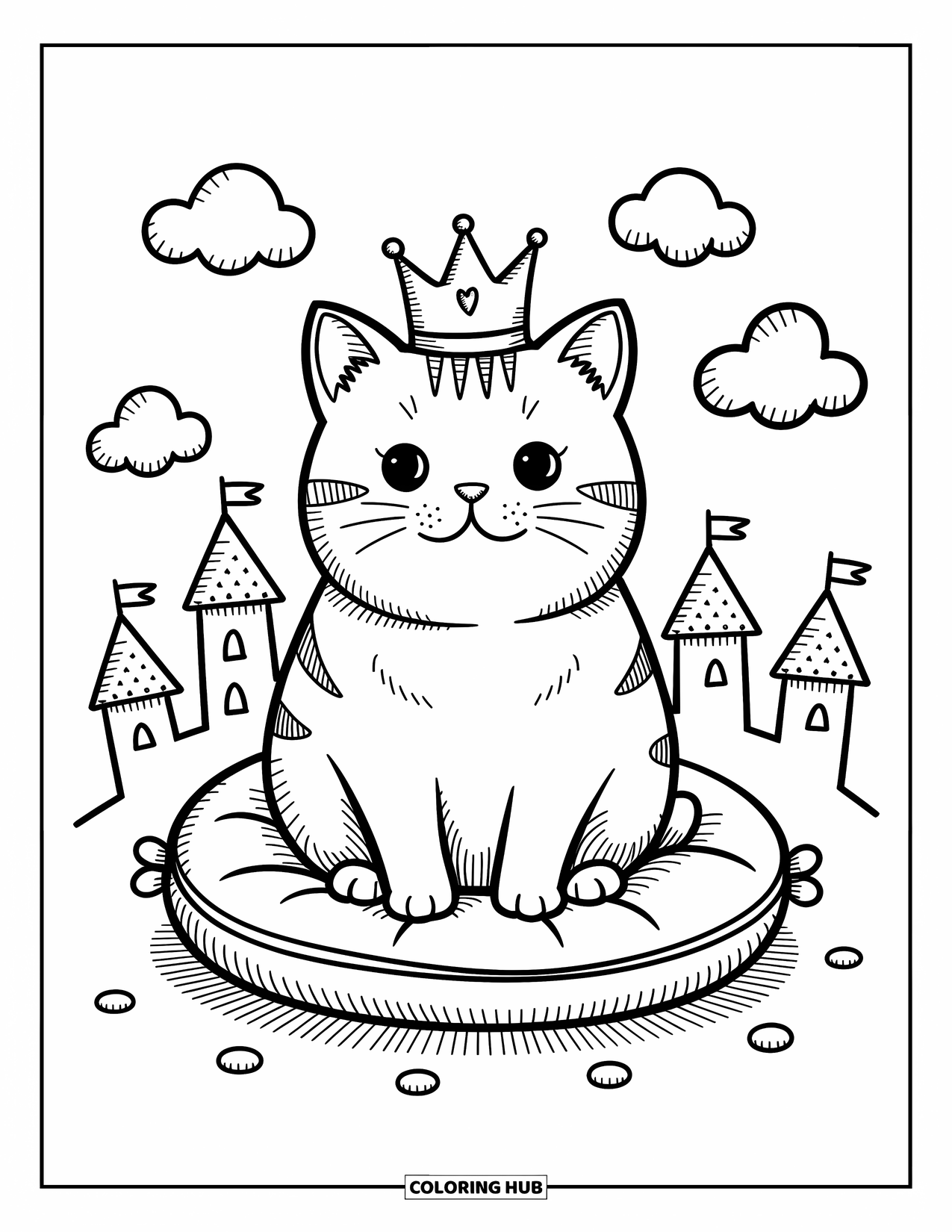 Kleurplaat Kat voor Volwassenen: Een Britse Korthaar kat zit trots op een pluche kussen, een klein kroontje bovenop zijn ronde hoofd