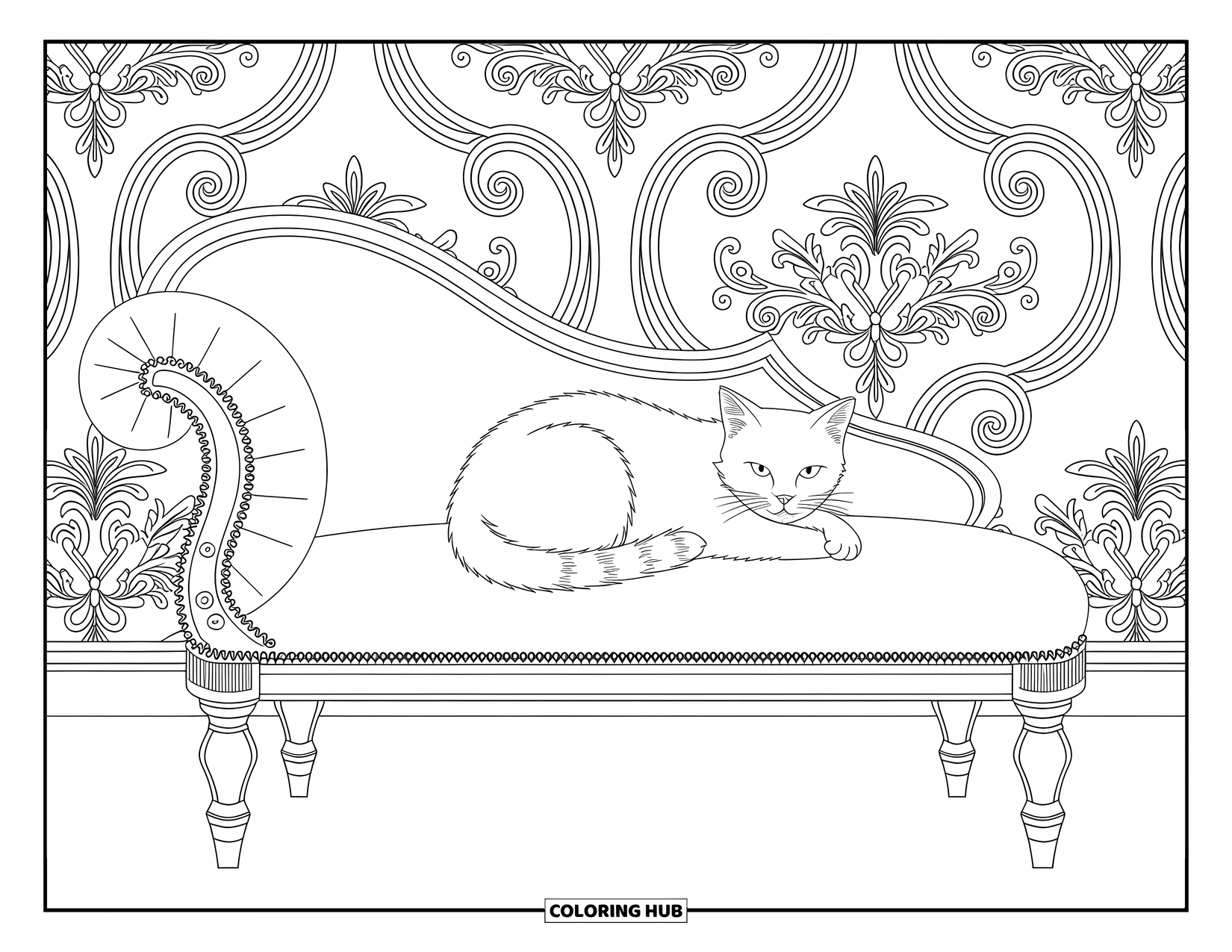Kleurplaat Kat voor Volwassenen: Een kat krult zich sierlijk op een elegante chaise longue, tegen een weelderig Victoriaans behangontwerp