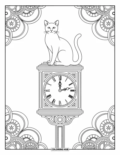 Cat Coloring Page for Adults: A cat lounges atop a vintage clock tower, enveloped by elegant gears and intricate mechanical patterns