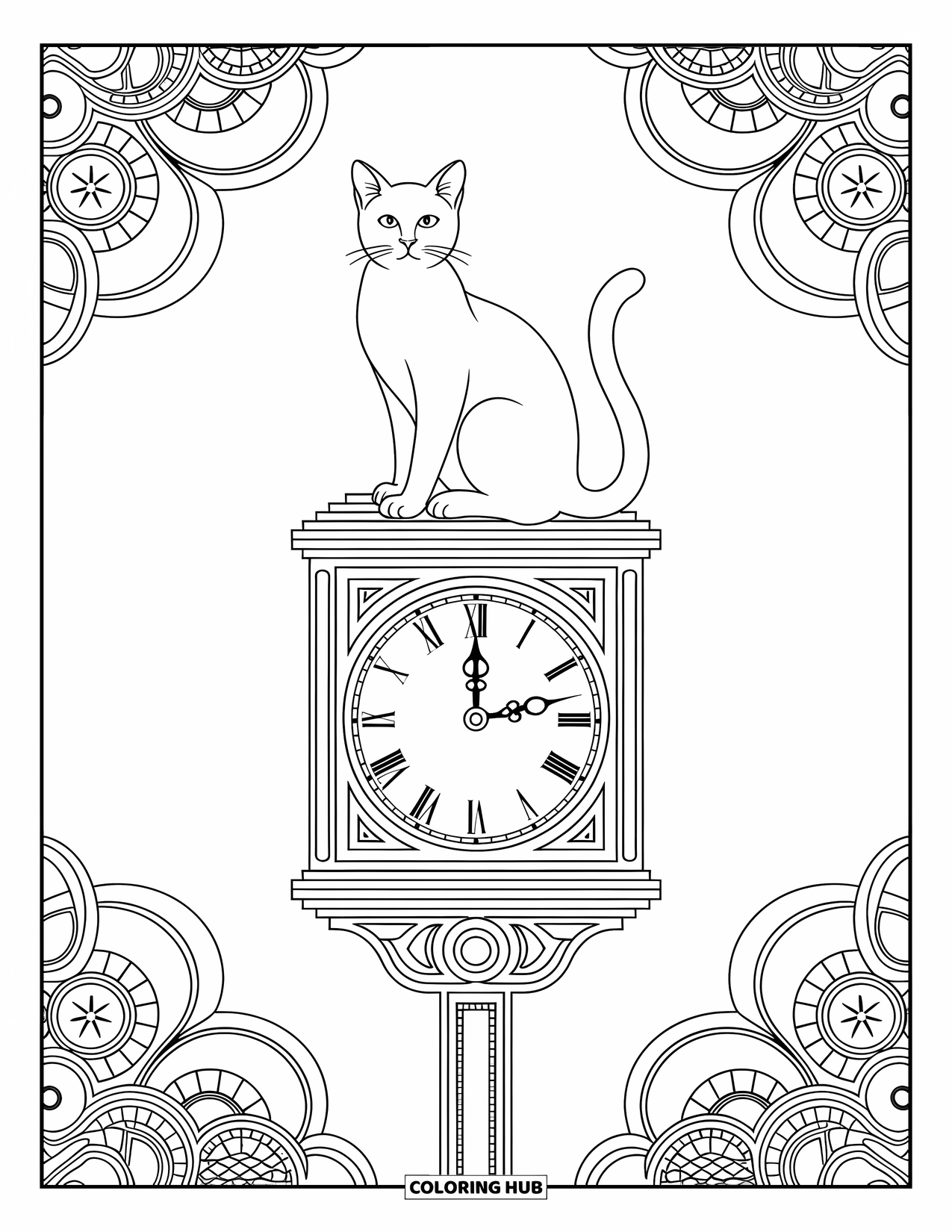 Kleurplaat Kat voor Volwassenen: Een kat ligt bovenop een vintage klokkentoren, omhuld door elegante tandwielen en ingewikkelde mechanische patronen