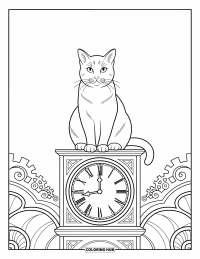Cat Coloring Page for Adults: A cat perches atop an old clock tower, surrounded by intricate gears and ornate clockwork patterns