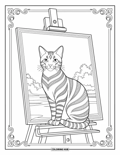 Cat Coloring Page for Adults: A cat rests proudly on an artist's easel, with an intricate, unfinished painting behind it