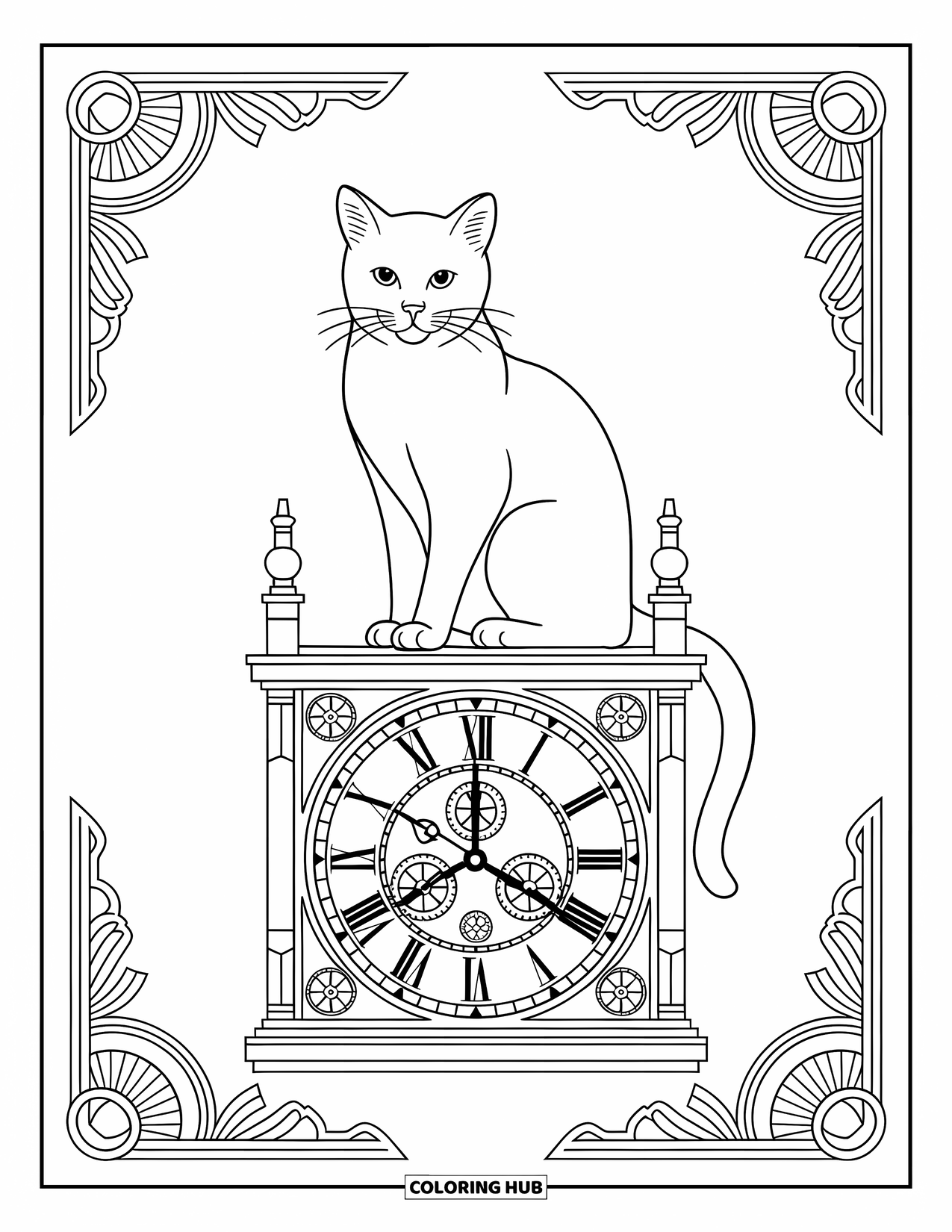 Kleurplaat Kat voor Volwassenen: Een kat zit trots bovenop een klokkentoren, omringd door ingewikkelde tandwielen en elegante uurwerkontwerpen