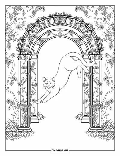Cat Coloring Page for Adults: A cat stretches inside a detailed garden arch, surrounded by swirling vines and blooming flowers