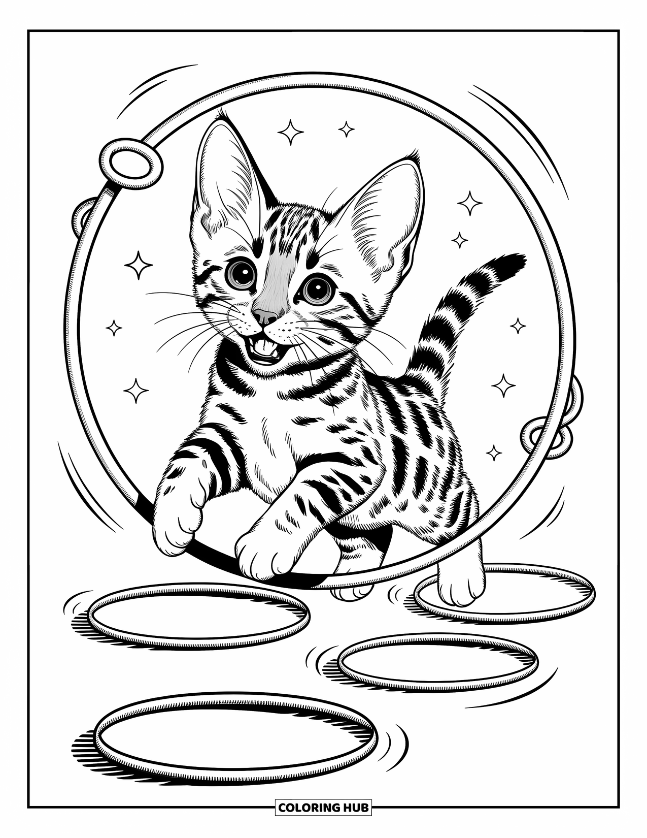Kleurplaat Kat voor Volwassenen: Een vrolijke Bengaalse kitten springt door een sterrenhoepel, zijn oversized oren flapperen speels in de lucht