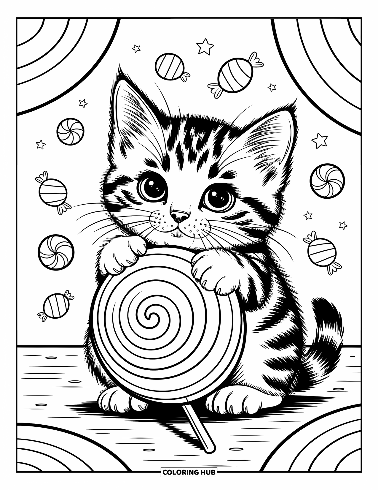 Kleurplaat Kat voor Volwassenen: Een mollig kitten knuffelt een gigantische gedraaide lolly, omringd door zwevend snoep en kleine decoratieve sterren