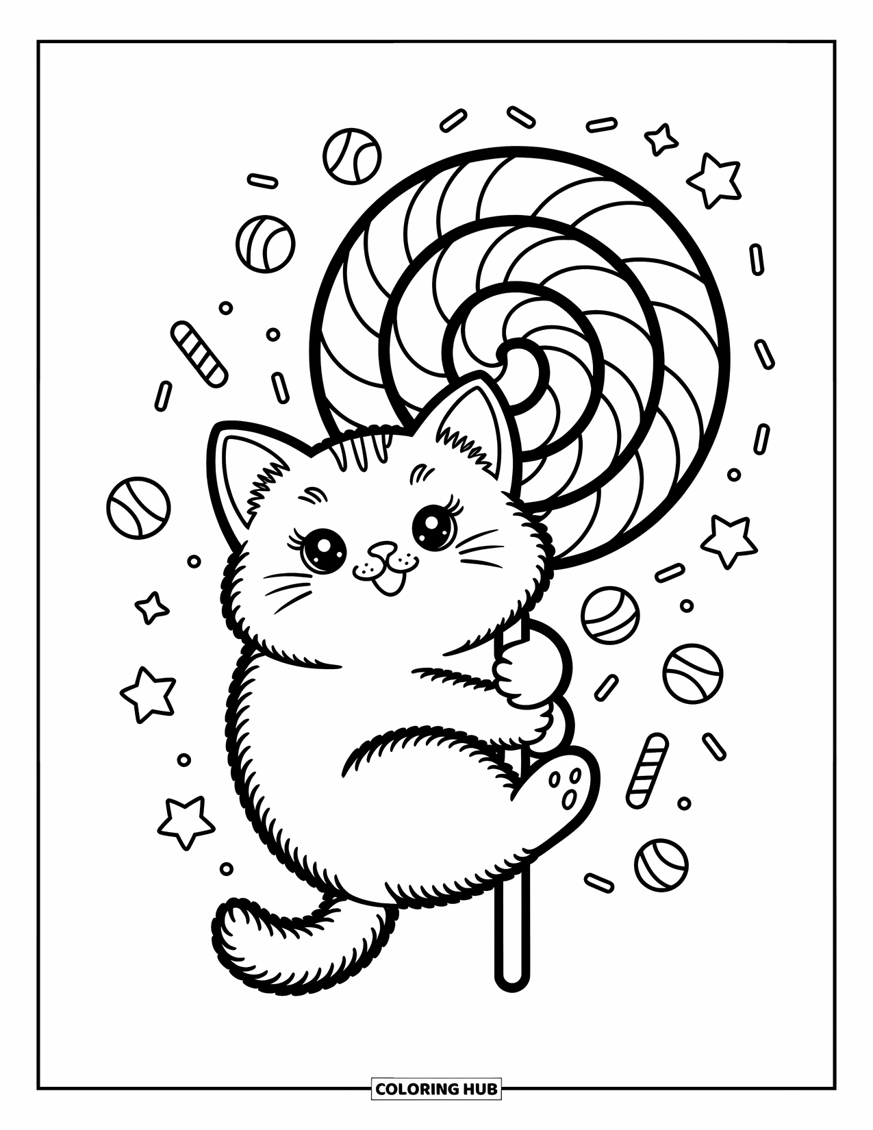 Kleurplaat Kat voor Volwassenen: Een mollige kitten knuffelt een gedraaide lolly, omringd door snoepvormige krabbels en kleine zwevende sterren