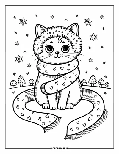 Cat Coloring Page for Adults: A cozy LaPerm cat snuggles into an oversized scarf, with tiny snowflakes and whimsical winter details
