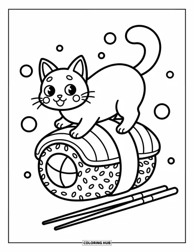 Cat Coloring Page for Adults: A curious Japanese Bobtail cat balances on a giant sushi roll, its short tail wagging with excitement