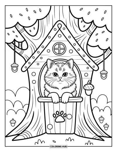 Cat Coloring Page for Adults: A curious Norwegian Forest Cat looks out from a miniature treehouse, framed by leaves, acorns, and rustic charm