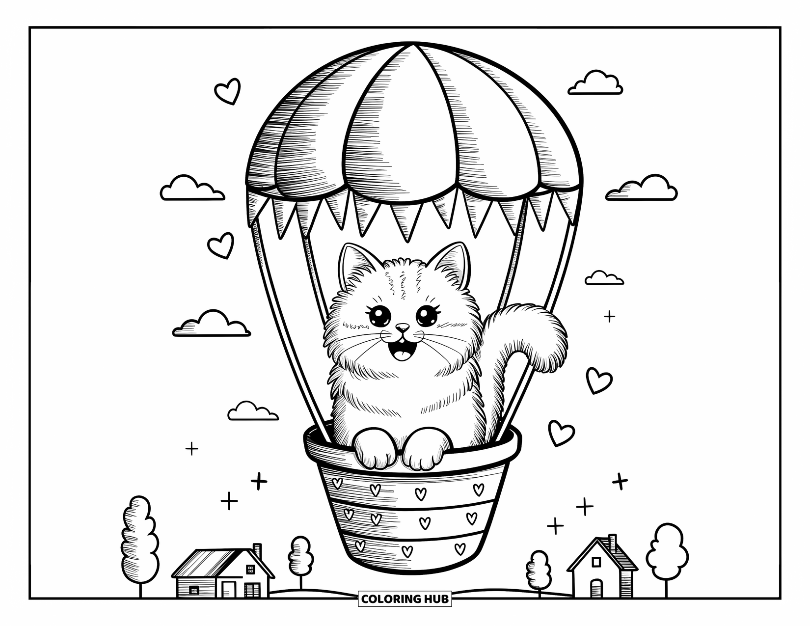 Kleurplaat Kat voor Volwassenen: Een nieuwsgierige Turkse Angora kat zit in een heteluchtballon en kijkt neer op een grillig landschap