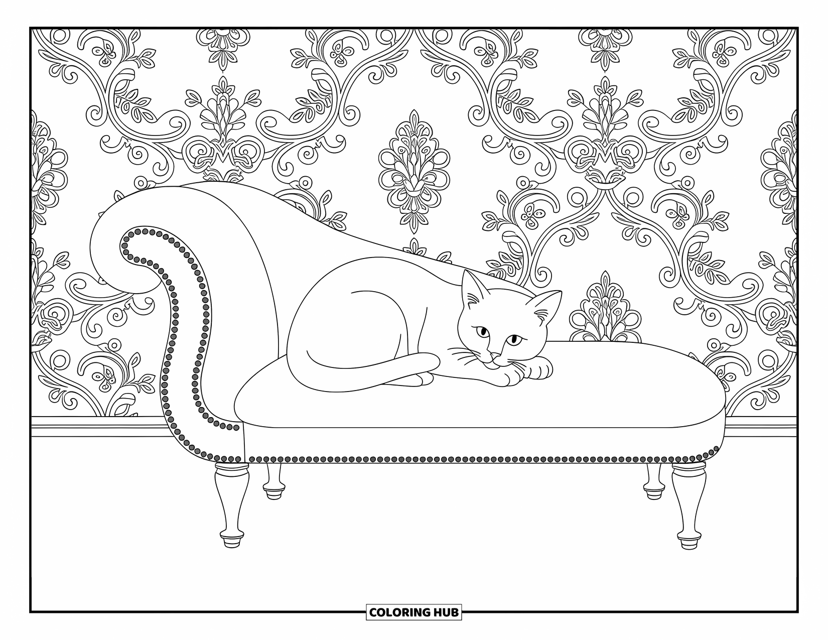 Kleurplaat Kat voor Volwassenen: Een opgerolde kat rust op een chaise longue, tegen een uitgebreide Victoriaanse behangachtergrond
