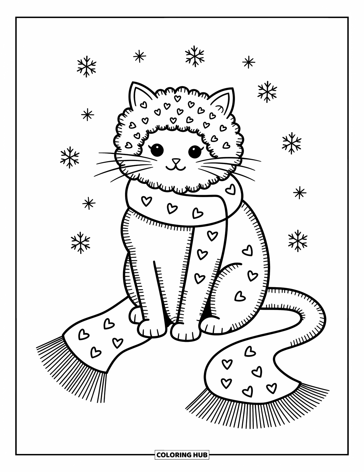 Kleurplaat Kat voor Volwassenen: Een krullende LaPerm kat zit gewikkeld in een lange sjaal, omringd door sneeuwvlokken en kleine zwevende hartjes