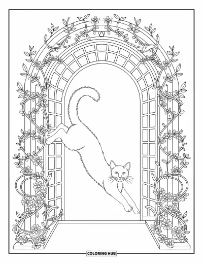 Cat Coloring Page for Adults: A feline lounges under a floral arch, framed by delicate vines and intricate botanical patterns
