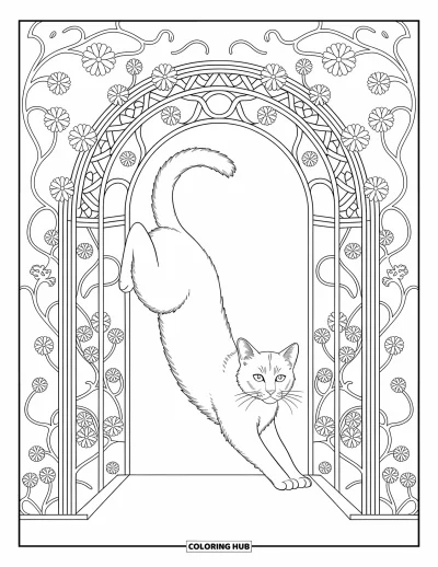 Cat Coloring Page for Adults: A feline stretches elegantly beneath an archway, surrounded by intricate vines and blooming floral patterns