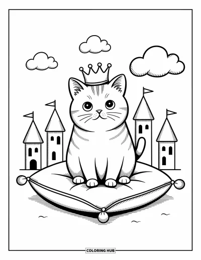 Cat Coloring Page for Adults: A fluffy British Shorthair cat rests on a royal pillow, surrounded by whimsical castle towers and soft clouds