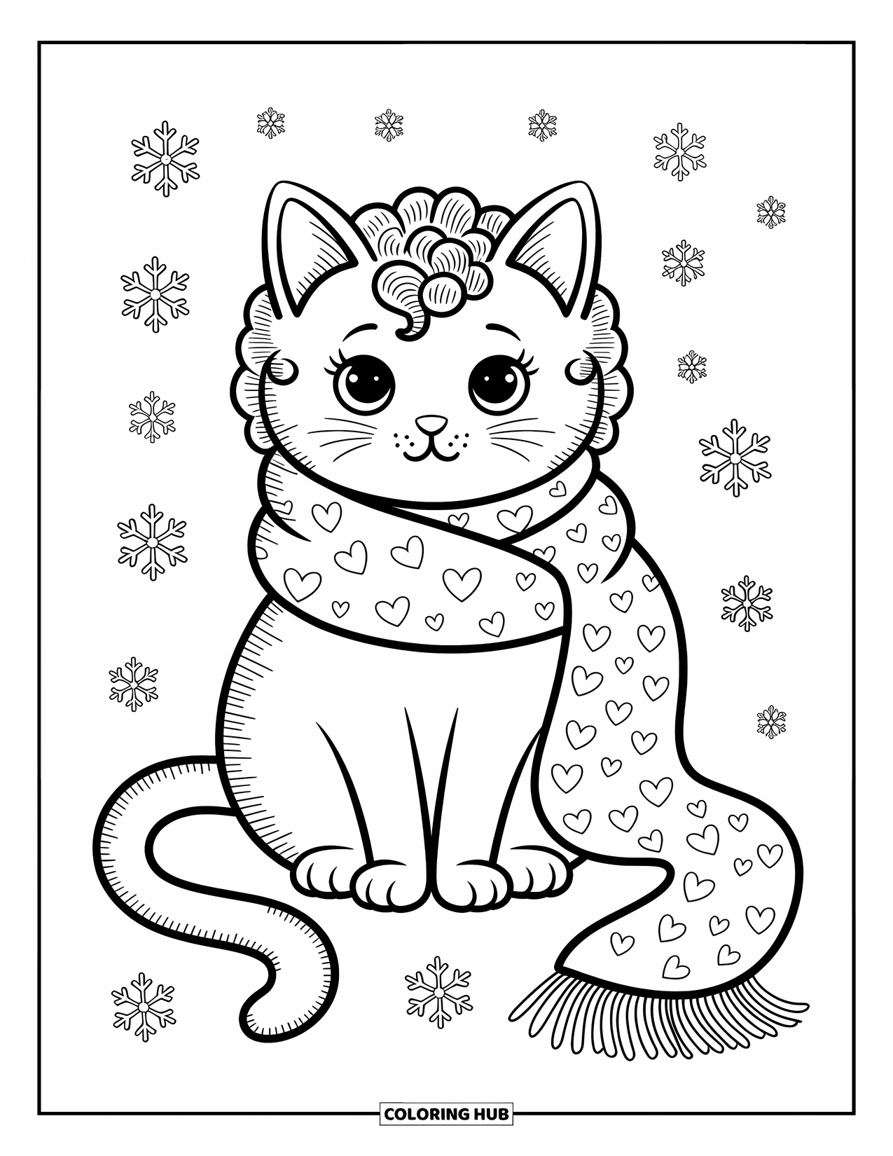 Kleurplaat Kat voor Volwassenen: Een pluizige LaPerm-kat zit gewikkeld in een lange sjaal, omringd door zwevende sterren en delicate winterpatronen