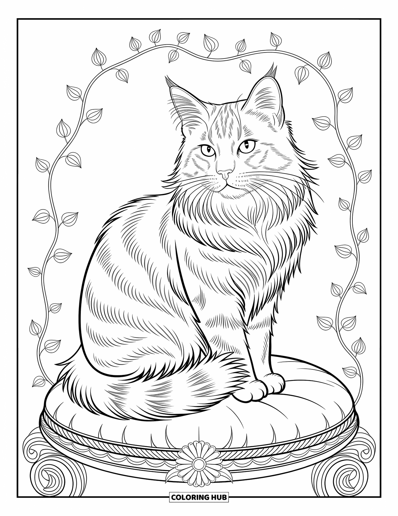 Kleurplaat Kat voor Volwassenen: Een pluizige Maine Coon kat rust op een gedetailleerd kussen, omlijst door ingewikkelde bloempatronen en wervelende wijnranken