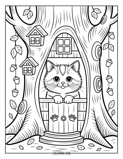 Cat Coloring Page for Adults: A fluffy Norwegian Forest Cat peers from a cozy treehouse, surrounded by acorns and whimsical woodland details