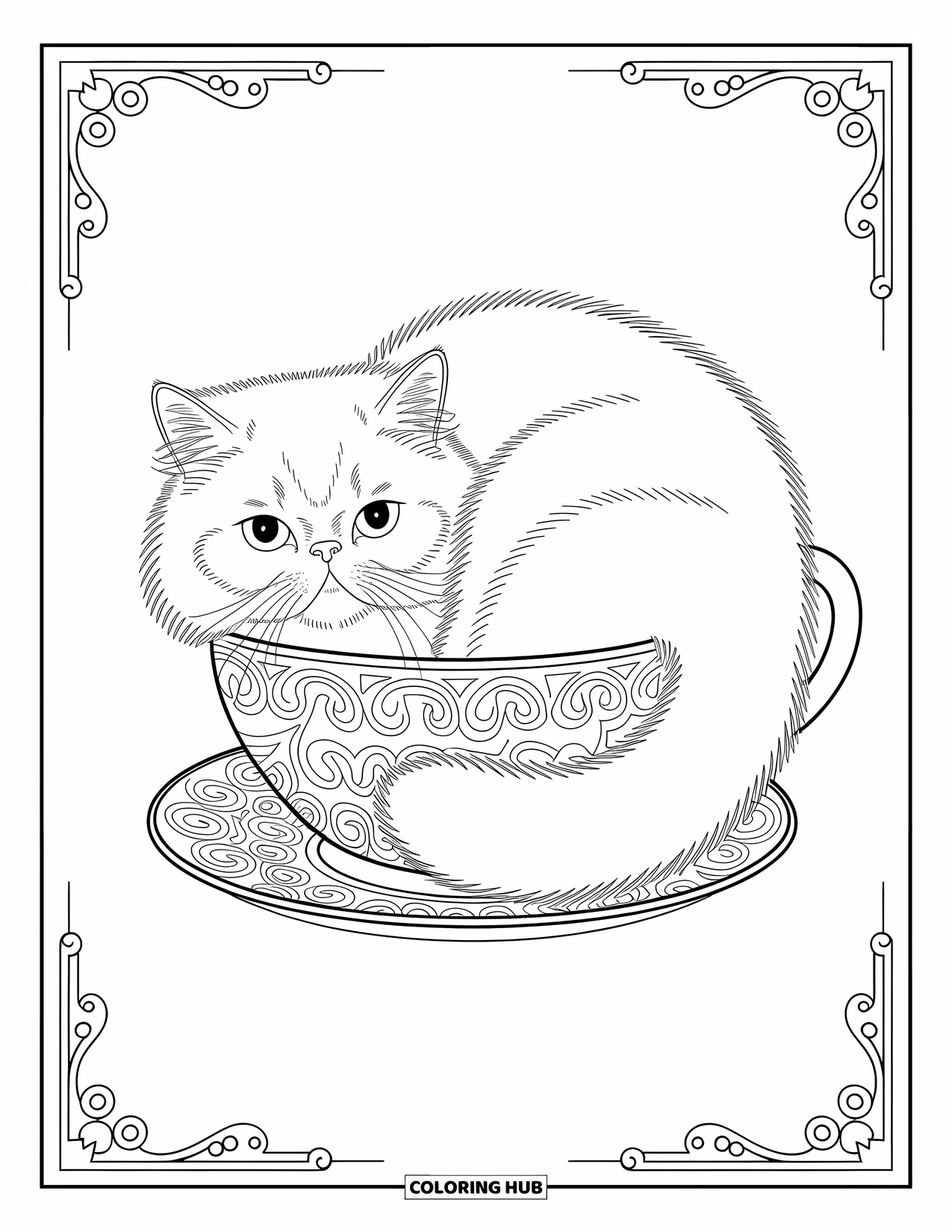 Kleurplaat Kat voor Volwassenen: Een pluizige Perzische kat krult zich op in een prachtig gedessineerd theekopje, genesteld tussen delicate wervelende ontwerpen