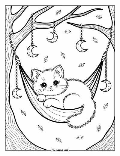 Cat Coloring Page for Adults: A fluffy Ragamuffin cat dozes in a hammock, with fish-shaped charms and flower petals drifting nearby