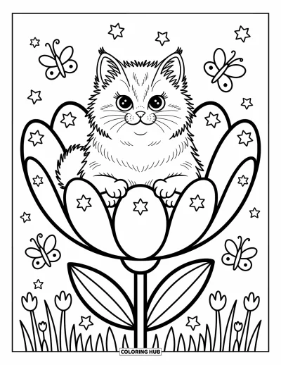 Cat Coloring Page for Adults: A fluffy Siberian cat sits inside a blooming flower, surrounded by tiny whimsical bees and fluttering butterflies