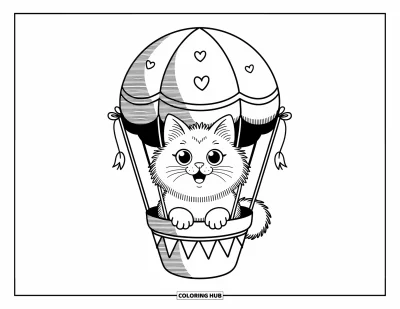 Cat Coloring Page for Adults: A fluffy Turkish Angora cat rides in a round hot air balloon, decorated with stars, hearts, and pennant banners