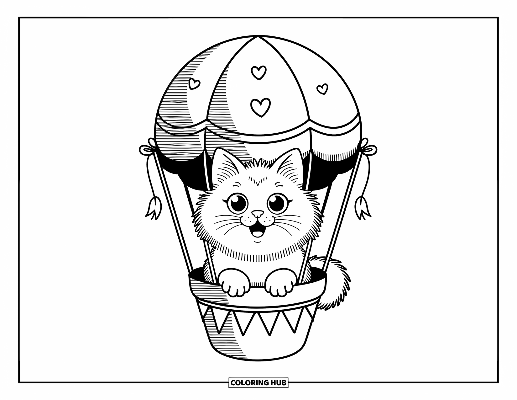 Kleurplaat Kat voor Volwassenen: Een pluizige Turkse Angora kat rijdt in een ronde luchtballon, versierd met sterren, harten en wimpelbanners