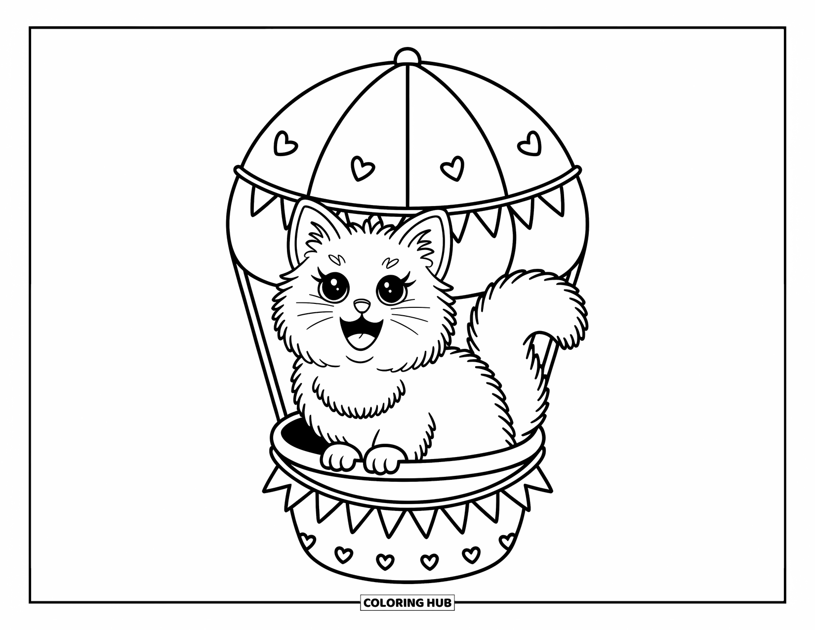 Kleurplaat Kat voor Volwassenen: Een pluizige Turkse Angora kat zit in een ballonmand, omringd door hartpatronen en kleine fladderende banners