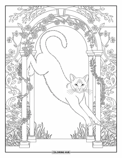 Cat Coloring Page for Adults: A graceful cat stretches beneath a garden archway, surrounded by intertwining vines and blooming flowers