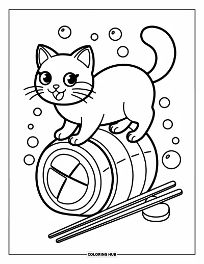 Cat Coloring Page for Adults: A Japanese Bobtail cat balances atop an oversized sushi roll, with tiny bubbles and chopsticks nearby