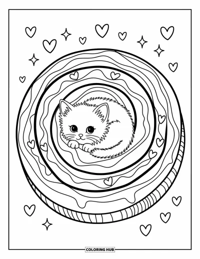 Cat Coloring Page for Adults: A kitten nestles inside a cinnamon roll, surrounded by delicate heart and swirl patterns in a cozy scene