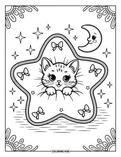 Cat Coloring Page for Adults: A kitten peeks from a cozy star pillow, with a tiny moon plush floating nearby in a dreamy setting