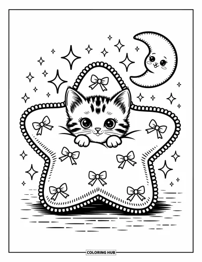 Cat Coloring Page for Adults: A kitten snuggles inside a fluffy star pillow, with a tiny moon plush nearby, creating a cozy atmosphere