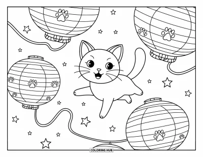 Cat Coloring Page for Adults: A lively Japanese Bobtail cat jumps between paper lanterns, glowing stars twinkling in the night sky