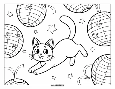 Cat Coloring Page for Adults: A lively Japanese Bobtail cat jumps between paper lanterns, surrounded by glowing stars and swirling ribbons
