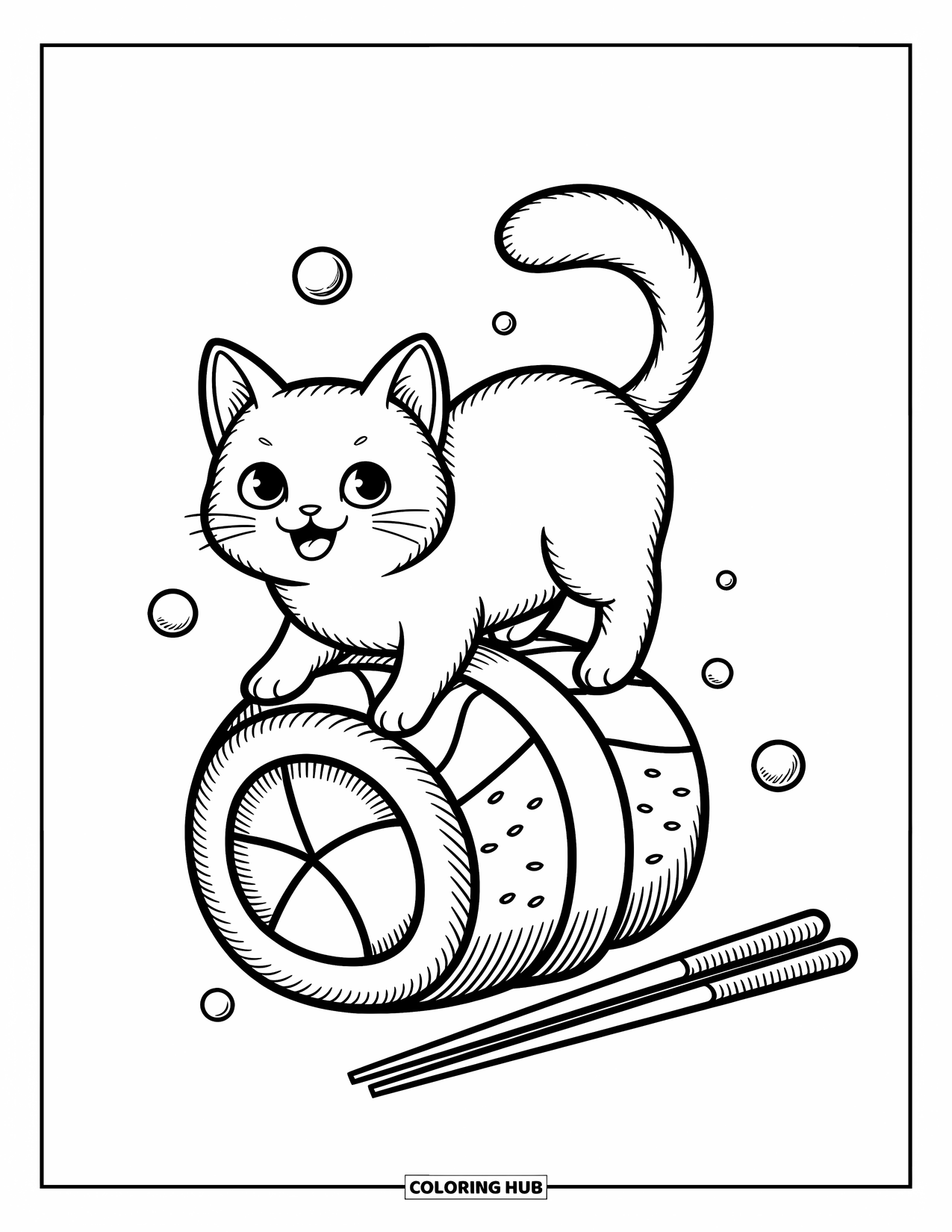 Kleurplaat Kat voor Volwassenen: Een levendige Japanse Bobtail-kat zit bovenop een sushirol, omringd door zwevende bubbels en speelse eetstokjes