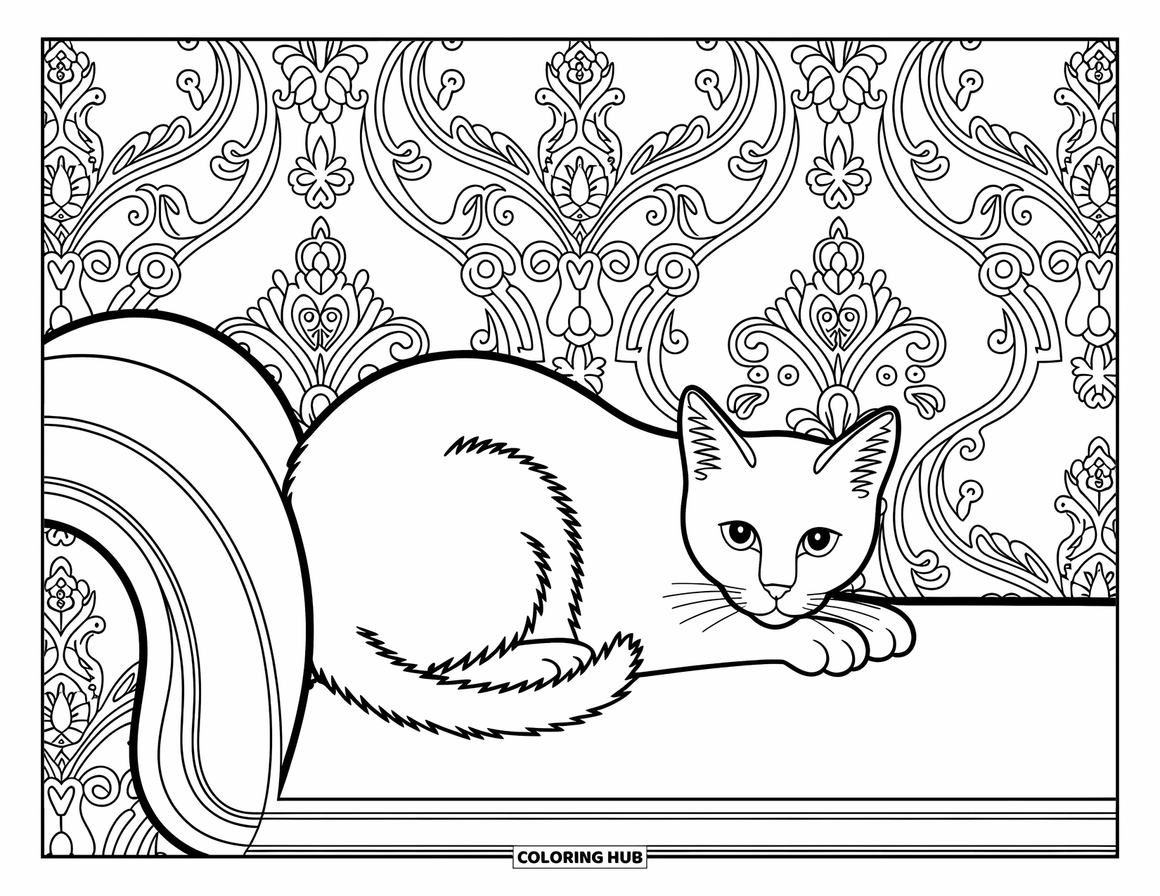 Kleurplaat Kat voor Volwassenen: Een luierende kat rust op een vintage chaise, omringd door ingewikkelde Victoriaanse wervelingen en bloemmotieven