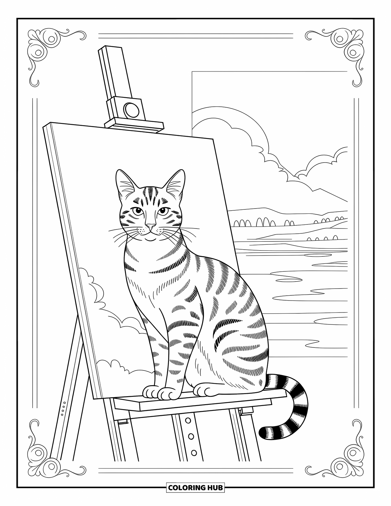 Kleurplaat Kat voor Volwassenen: Een majestueuze kat zit bovenop een schildersezel, omringd door een elegant, onvoltooid landschapsschilderij
