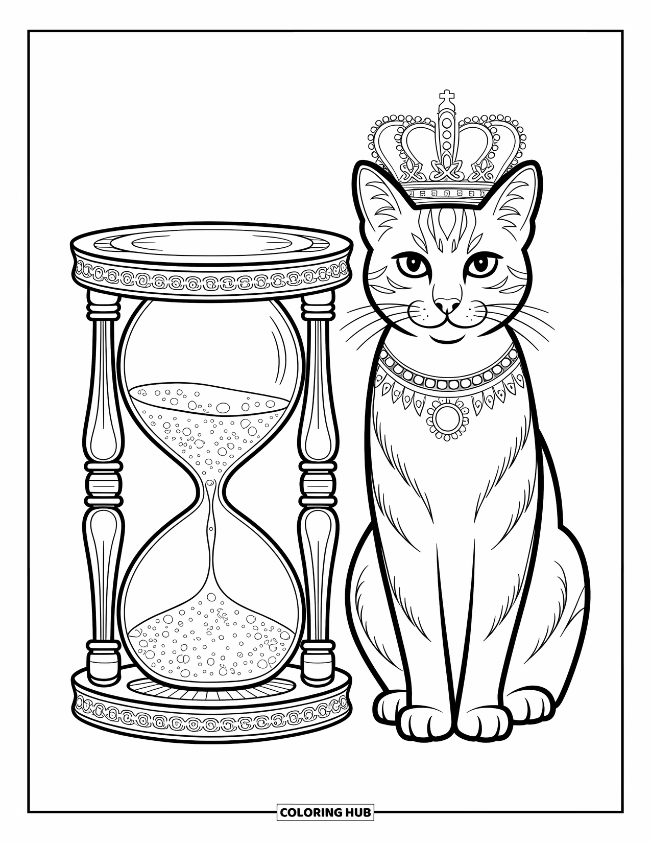 Kleurplaat Kat voor Volwassenen: Een majestueuze kat met een kroon zit in de buurt van een gedetailleerd zandloper, omringd door wervelende artistieke ontwerpen