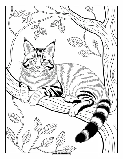Cat Coloring Page for Adults: A majestic Maine Coon lounges on a tree branch, framed by elegant leaves and swirling vine patterns