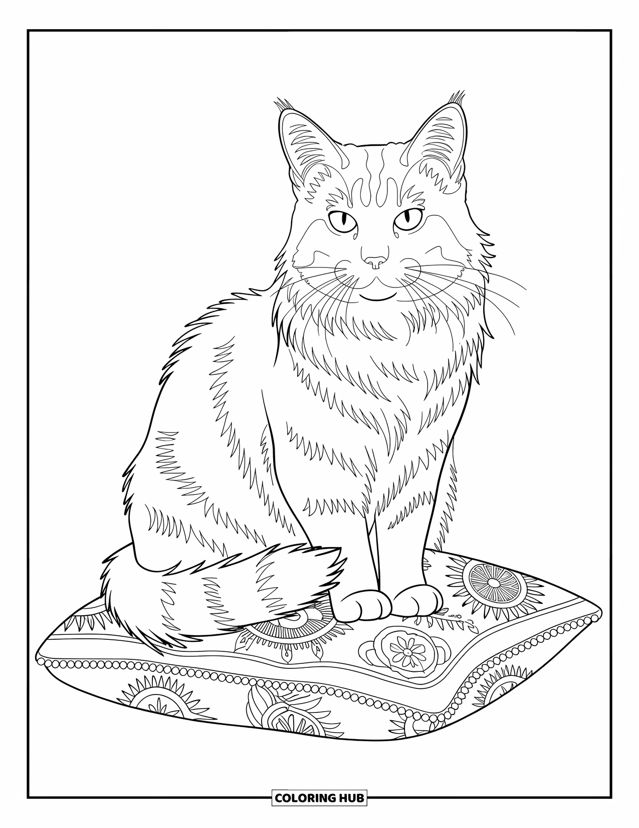 Kleurplaat Kat voor Volwassenen: Een majestueuze Maine Coon zit trots op een sierlijk kussen, omlijst door wervelende bloemen- en decoratieve elementen