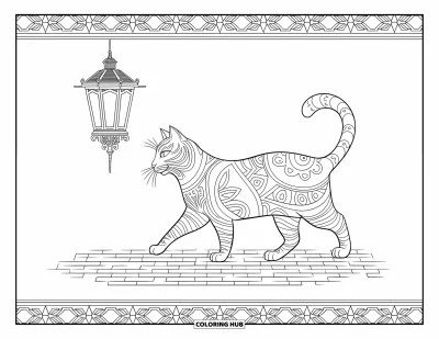 Cat Coloring Page for Adults: A mysterious cat walks along a cobblestone street, passing an old-fashioned lantern with intricate details