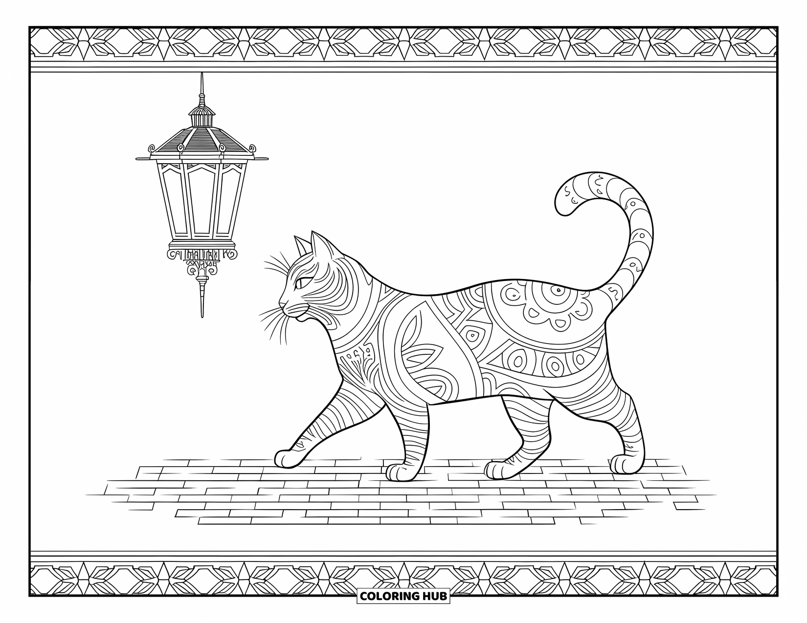 Kleurplaat Kat voor Volwassenen: Een mysterieuze kat loopt over een geplaveide straat en passeert een ouderwetse lantaarn met ingewikkelde details