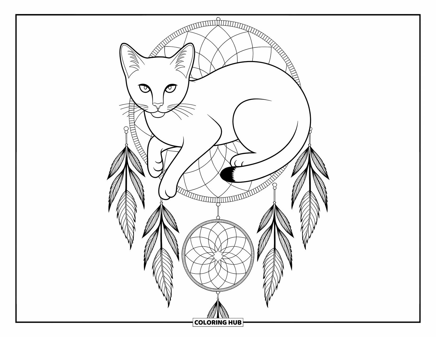 Kleurplaat Kat voor Volwassenen: Een mystieke kat met betoverende ogen zit sierlijk in een ingewikkelde dromenvanger, omringd door patronen