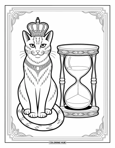 Cat Coloring Page for Adults: A noble cat sits beside a carved hourglass, framed by intricate patterns and flowing decorative elements