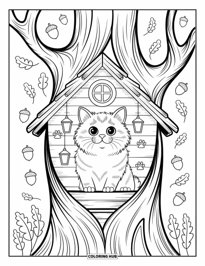 Cat Coloring Page for Adults: A Norwegian Forest Cat peeks out from a tiny treehouse, decorated with hanging lanterns and paw print carvings